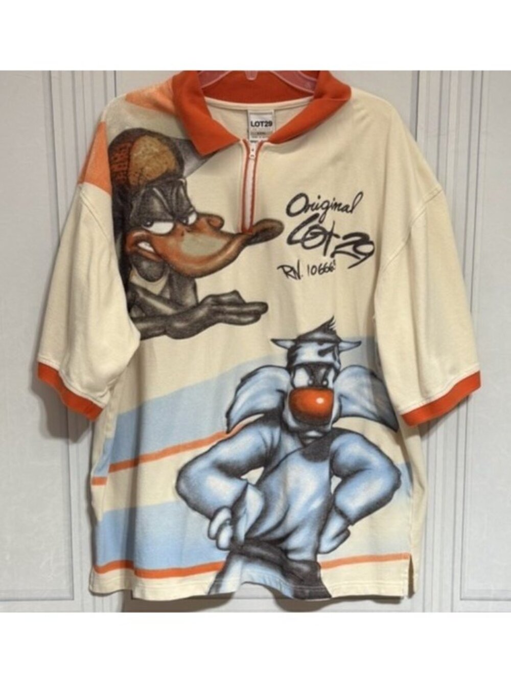 Lot 29 Y2K Looney Tunes Daffy Sylvester 1/4 Zip Polo Shirt Sz. 3XL Airbrushed